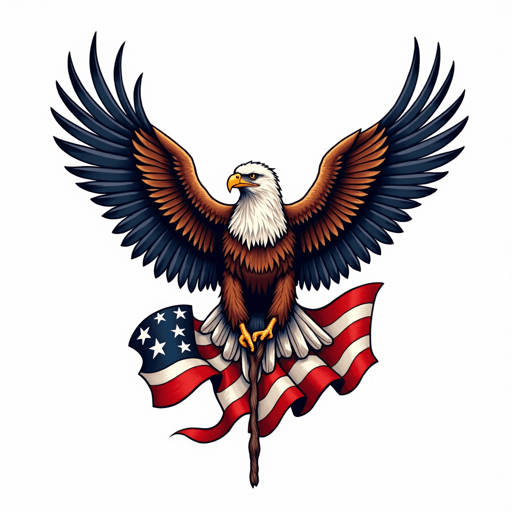 Eagle clutching American flag with banner