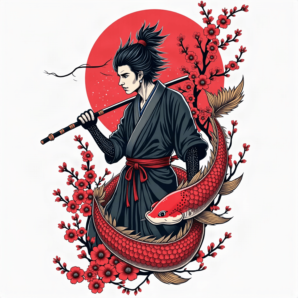Japanese style tattoo. Red/black/grey. Samurai, dr...