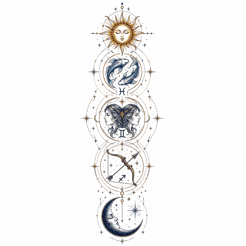 pisces, gemini, sagittarius. sun on top, moon at t…