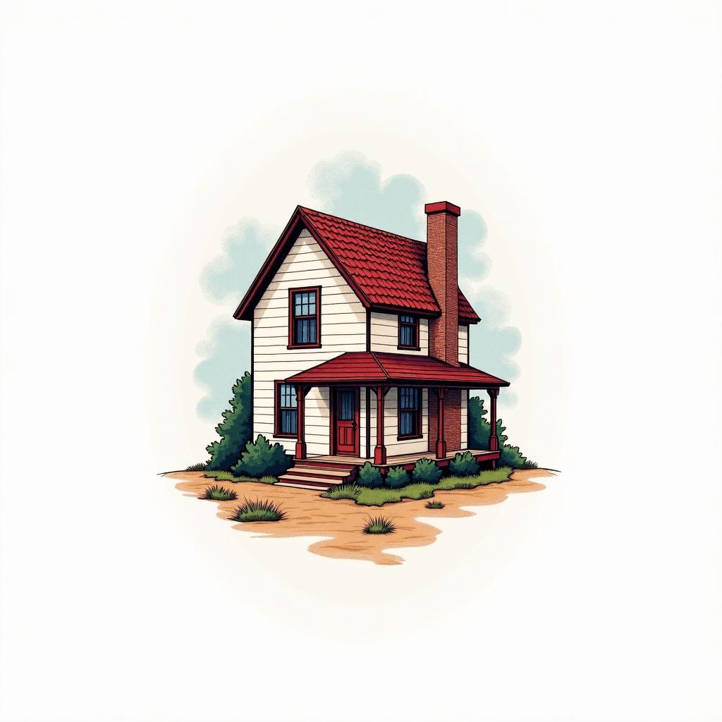 A two story farmhouse fine line tattoo