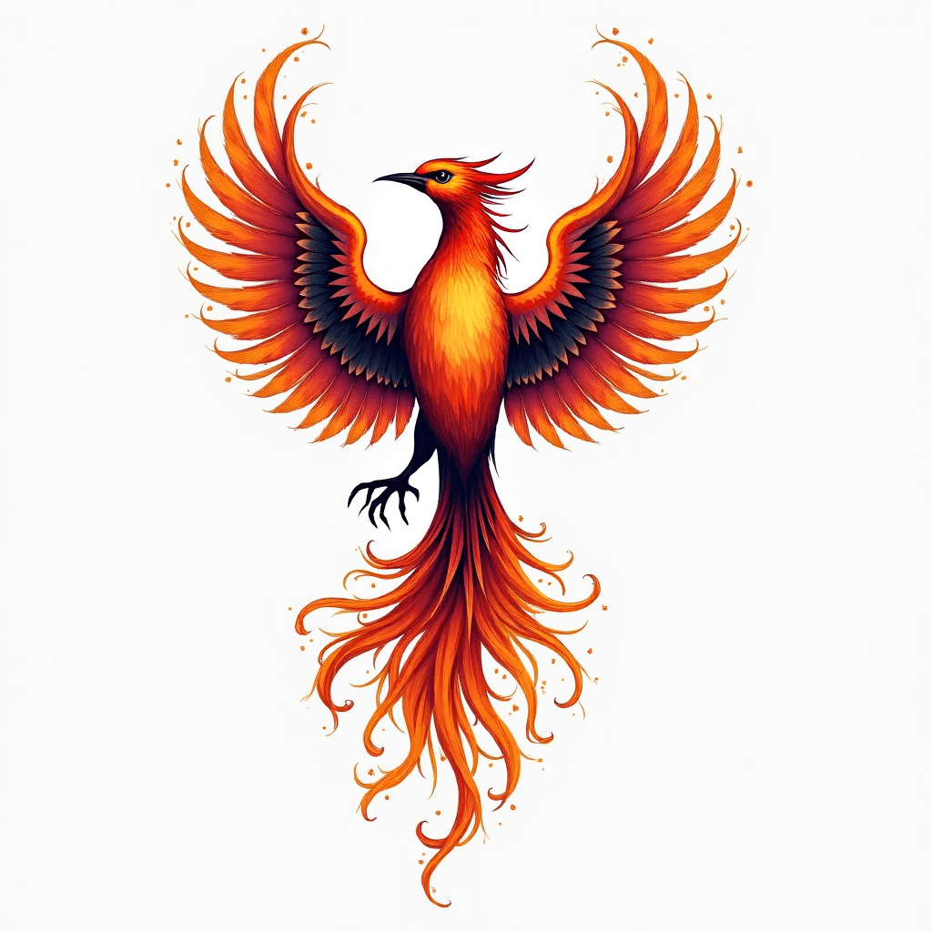 Watercolor phoenix rising from colorful flames