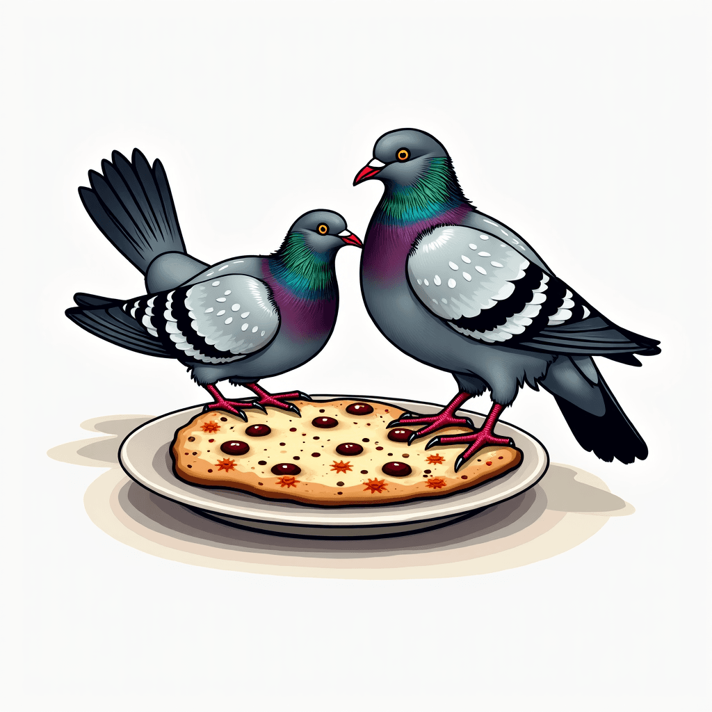 two pigeons picking at a naan