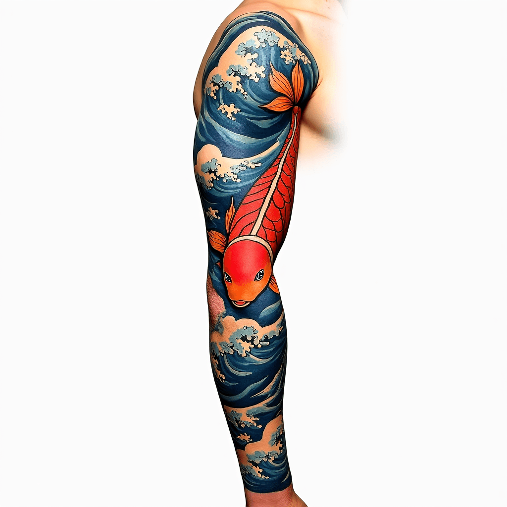 Koi, higanbana, ocean waves long sleeve arm tattoo