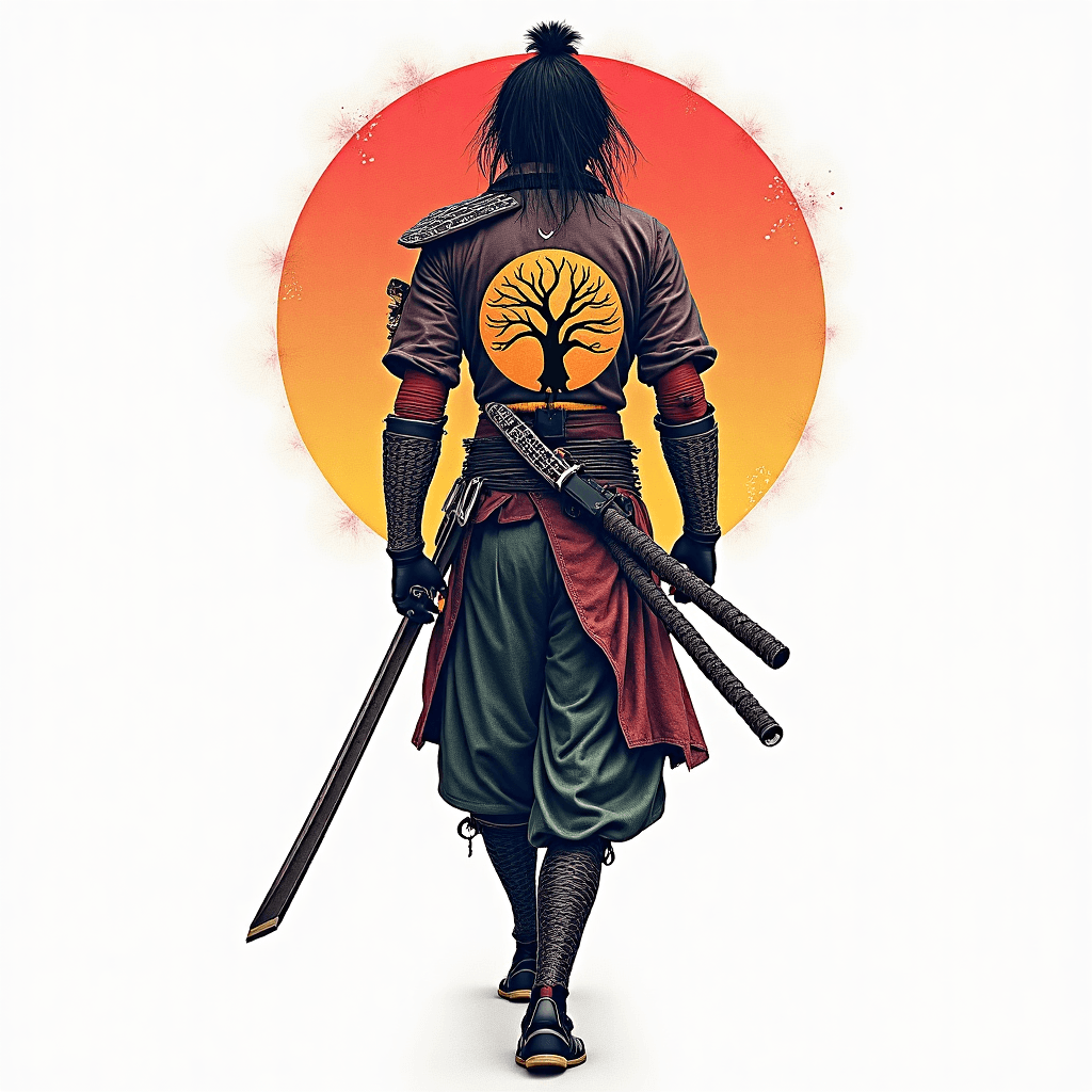 A samurai at with the Yggdrasil tree in the center