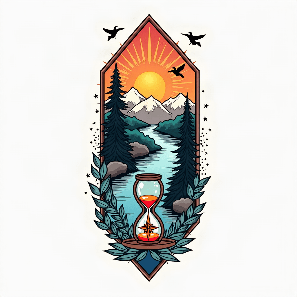 geometric, with river, mountains, hour glass, sun,...