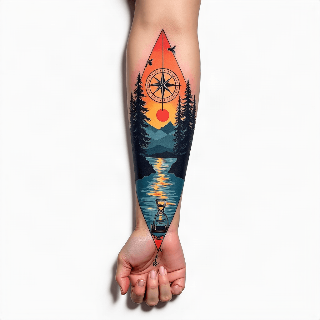 forearm tattoo that is geometric using a river, co...