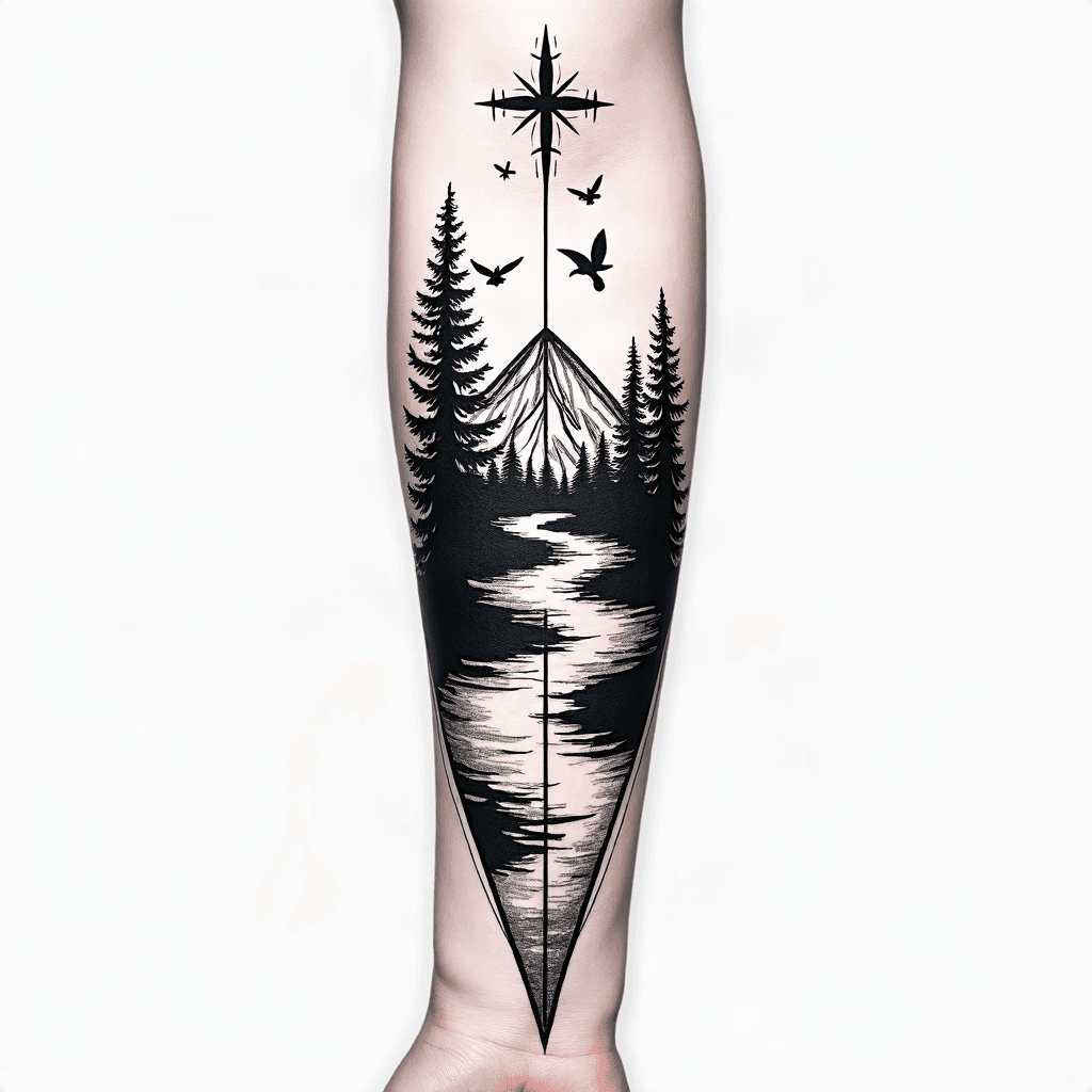 fin line geometric forearm tattoo using a river, t...
