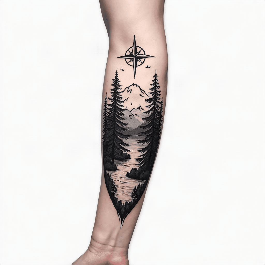 fin line geometric forearm tattoo using a river, t...