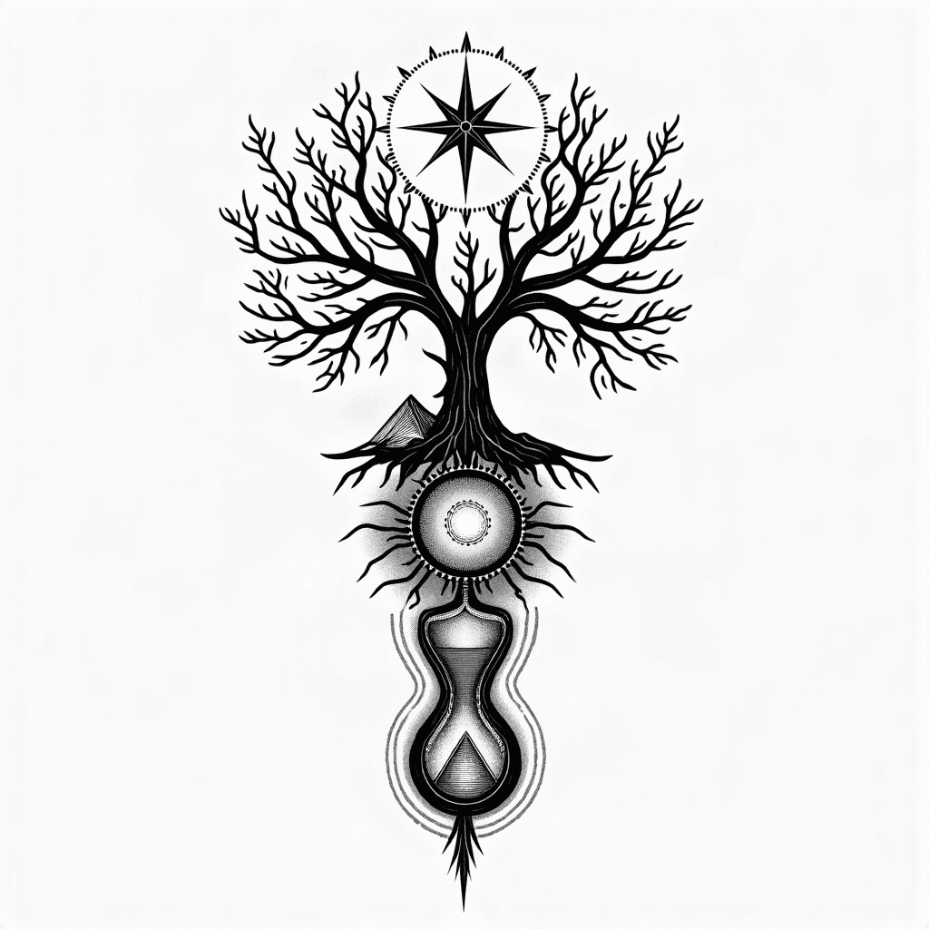 tree of life with a river, compass, birds, mountai...