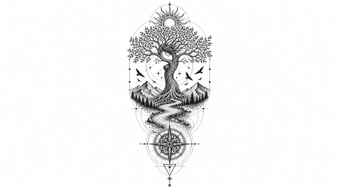 tree of life shaped like girl, river, compass, bir...