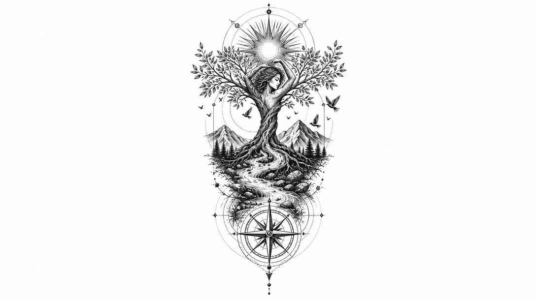 tree of life shaped like girl, river, compass, bir...