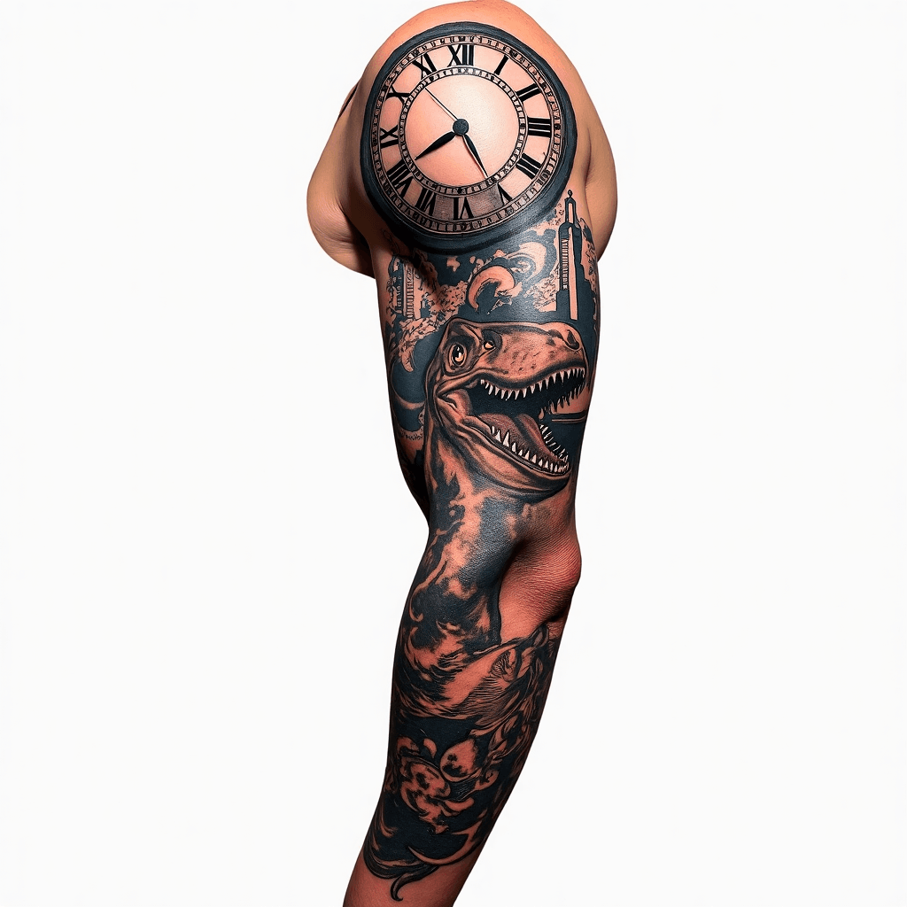 A sleeve tattoo with a clock with Roman numerals a…