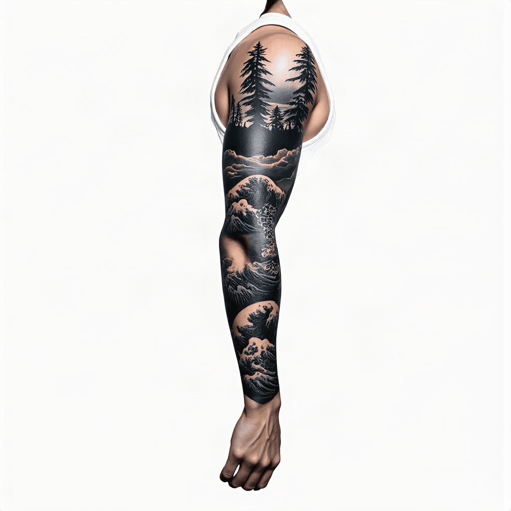 slender arm, full sleeve, black and gray with occa...