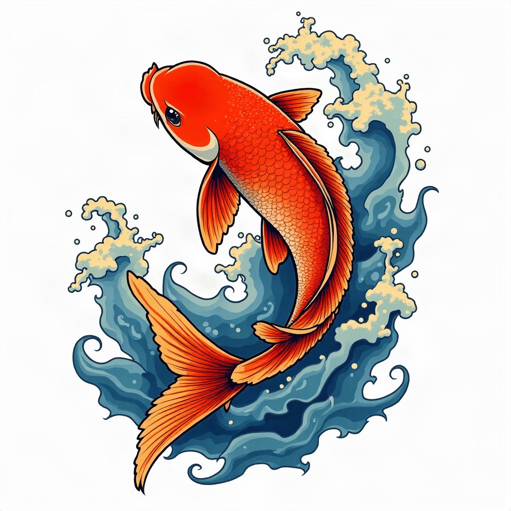 Japanese koi fish swimming through waves