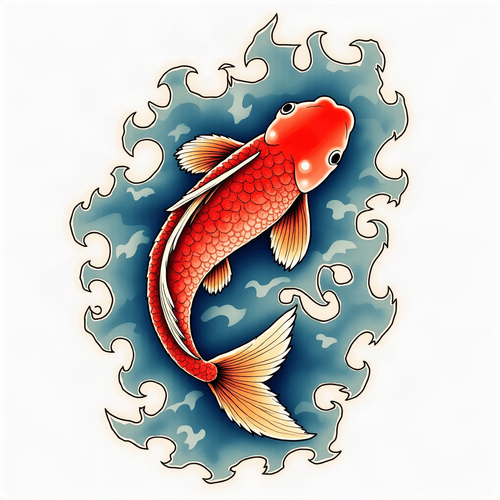 Japanese koi fish swimming through waves