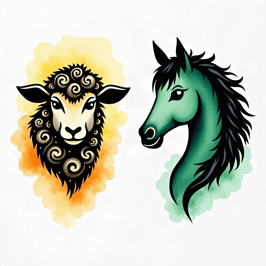 Tattoo flash sheet of two animal heads side-by-sid…