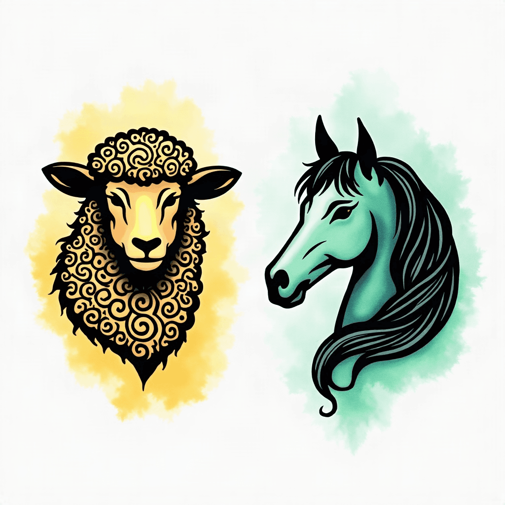 Tattoo flash sheet of two animal heads side-by-sid…