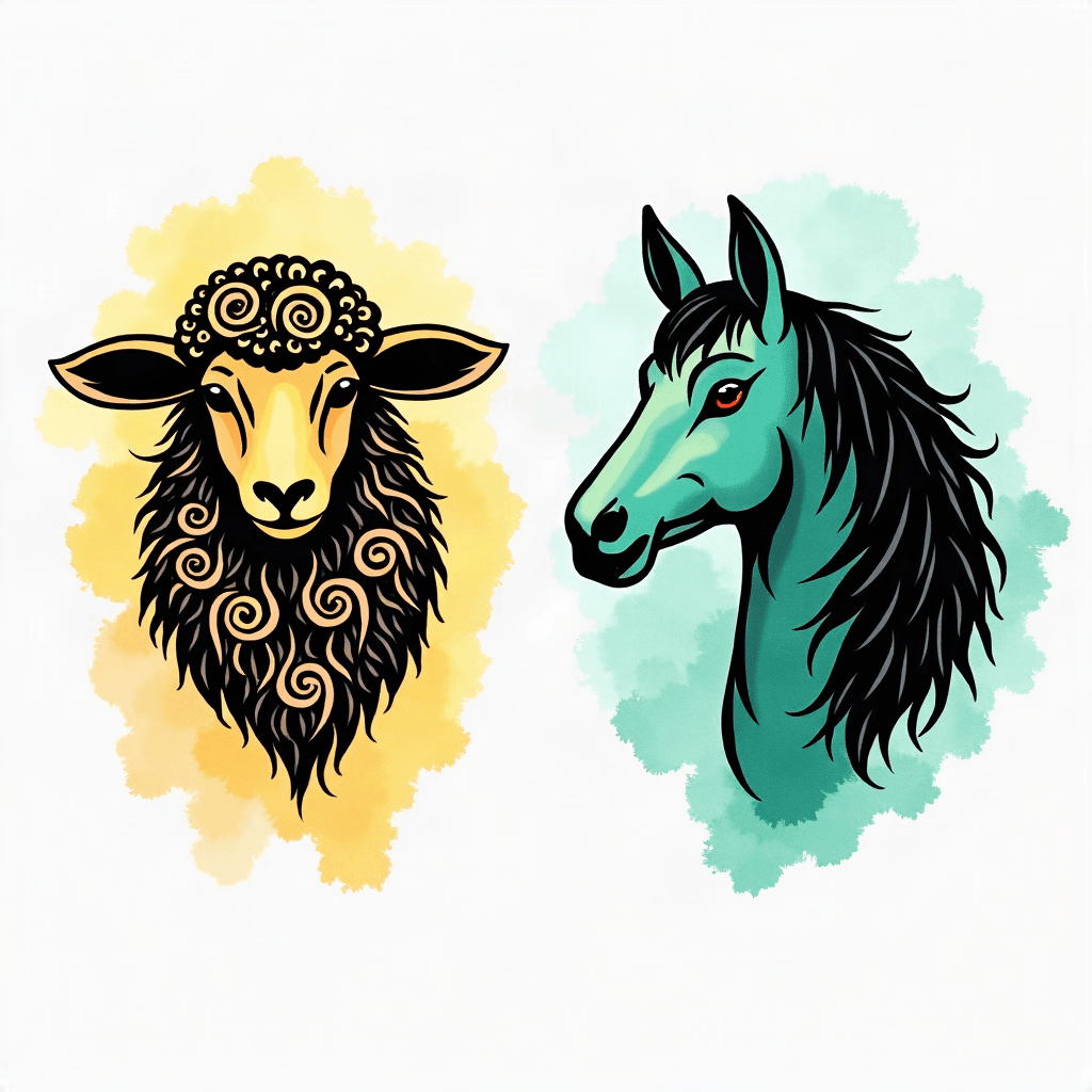 Tattoo flash sheet of two animal heads side-by-sid…