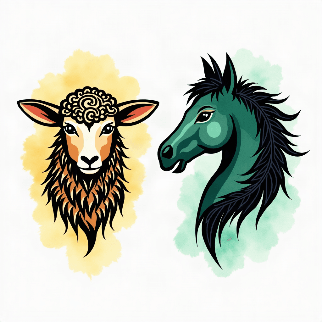 Tattoo flash sheet of two animal heads side-by-sid…