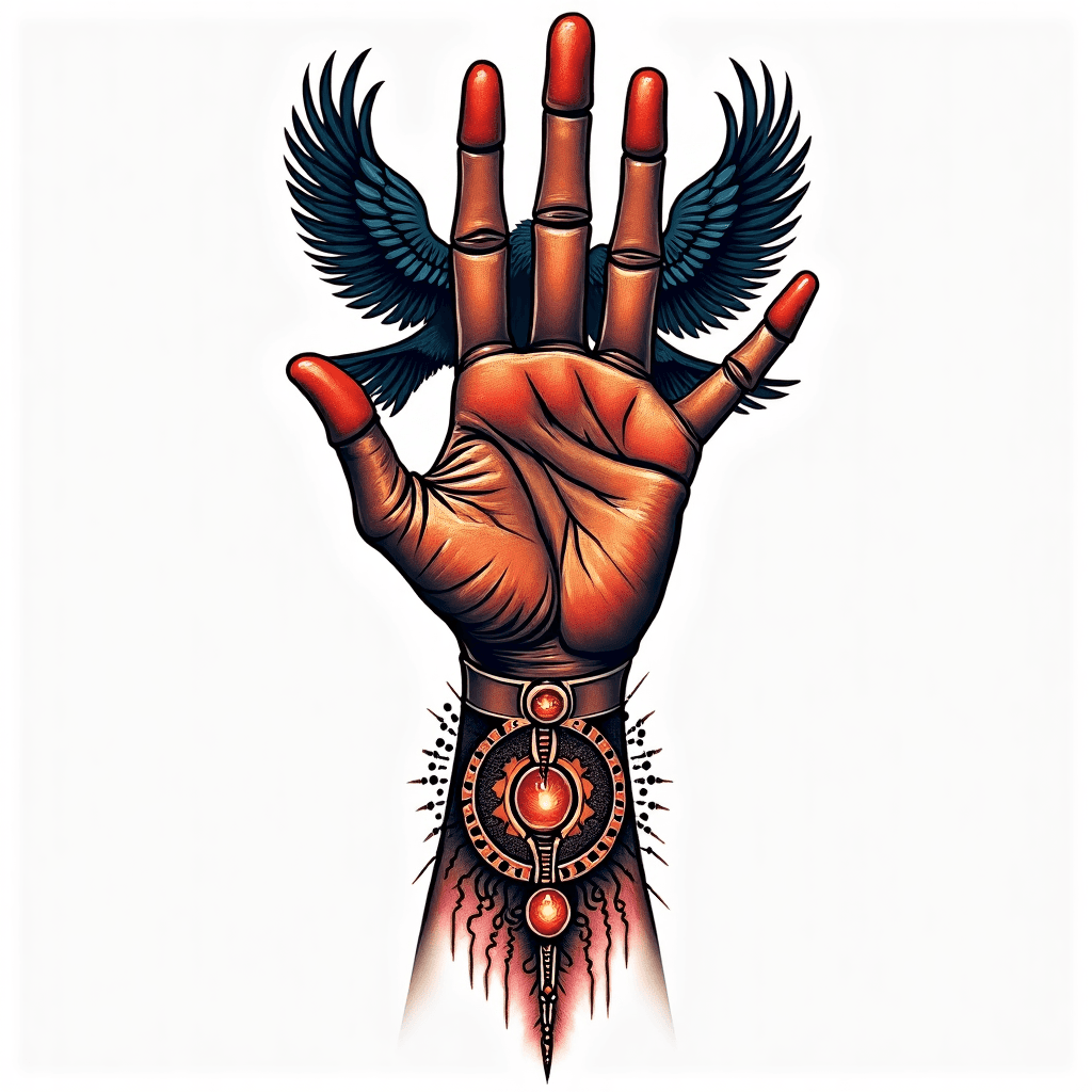 Norse viking hand tattoo with Ravens and runes abo…