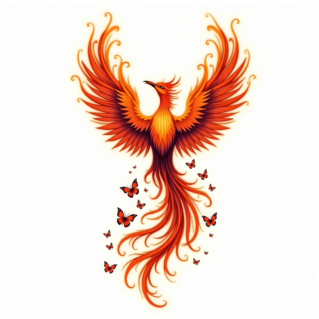 Phoenix bird bursting with flames and ending with …