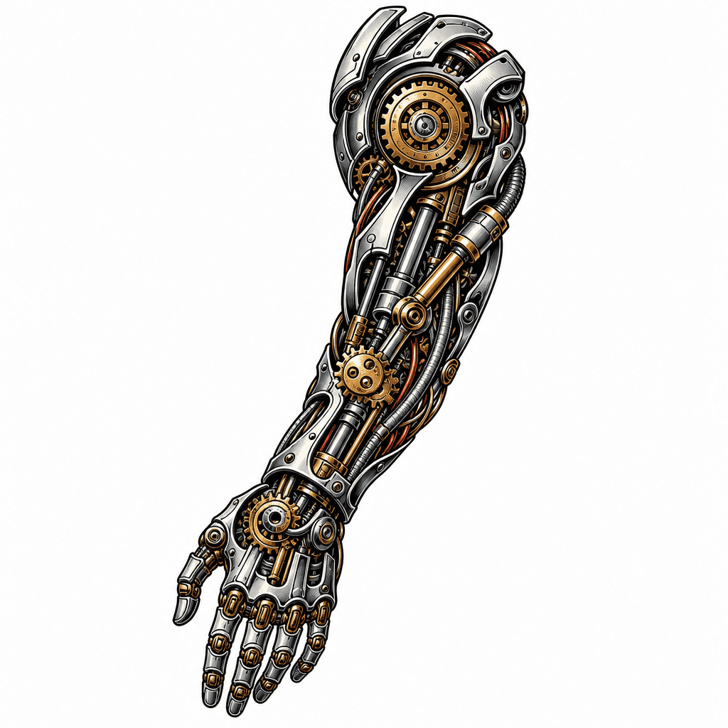 Bio-mechanical arm with intricate gears and piston…