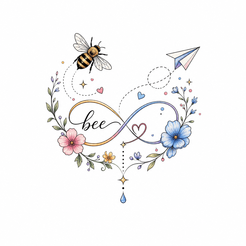 設計一對年輕夫婦的,男方的暱稱「bee」,彩色幼線條小紋身,紋在耳後或腳踝,小清新風格,意識形態帶出…