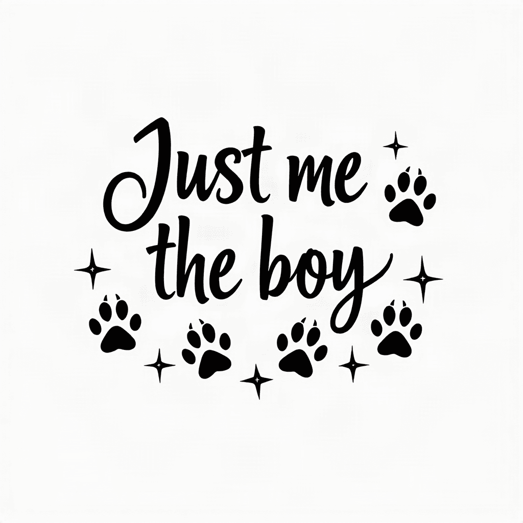 The words Just me the boy then 2 paw print out lin...