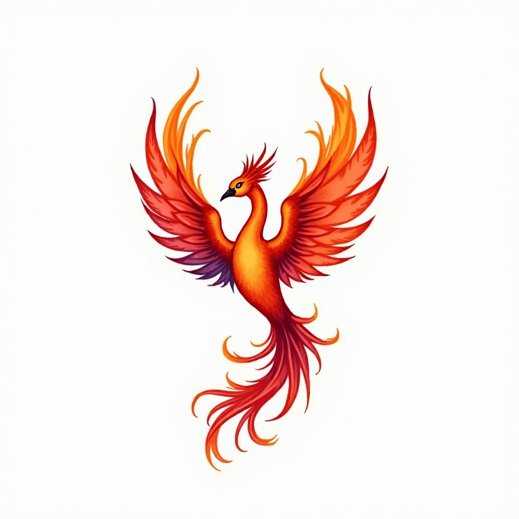 Watercolor phoenix rising from colorful flames