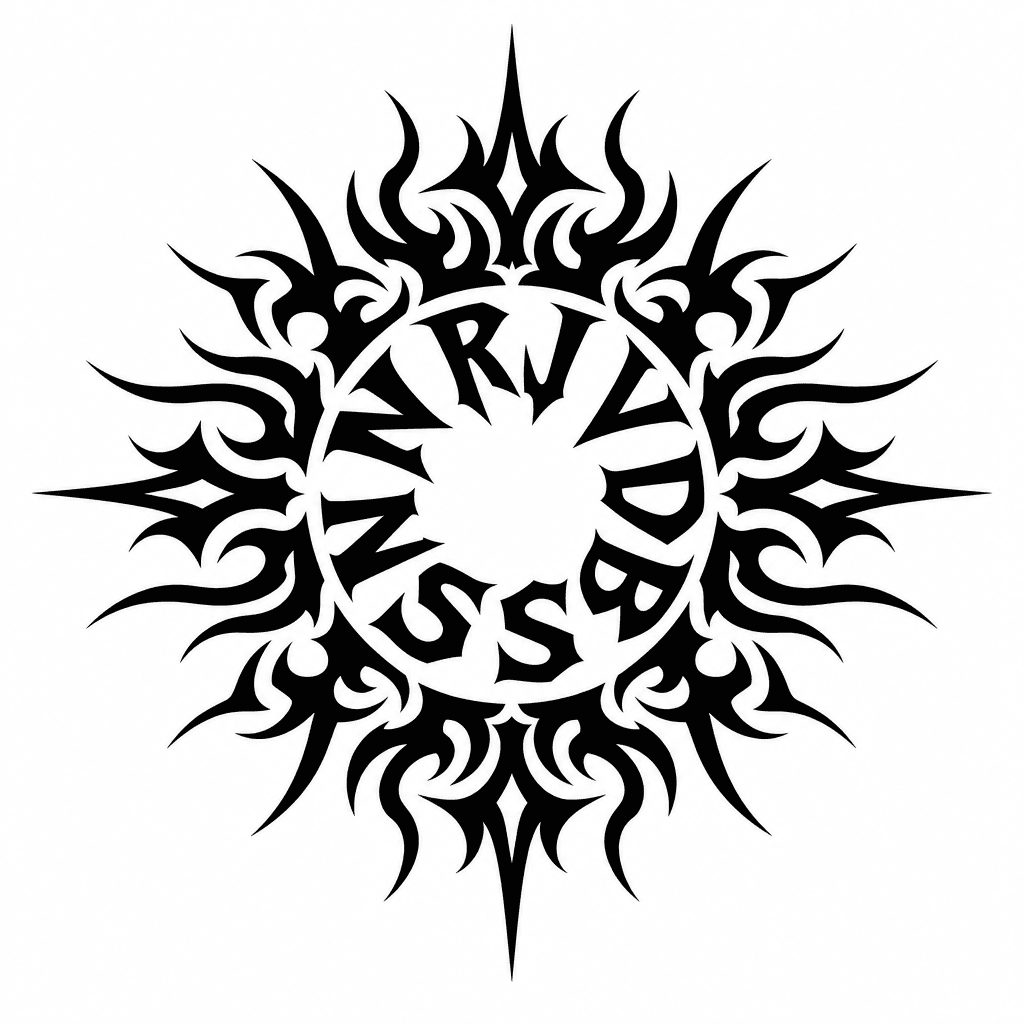 A massive solid blackwork tribal sun tattoo design…