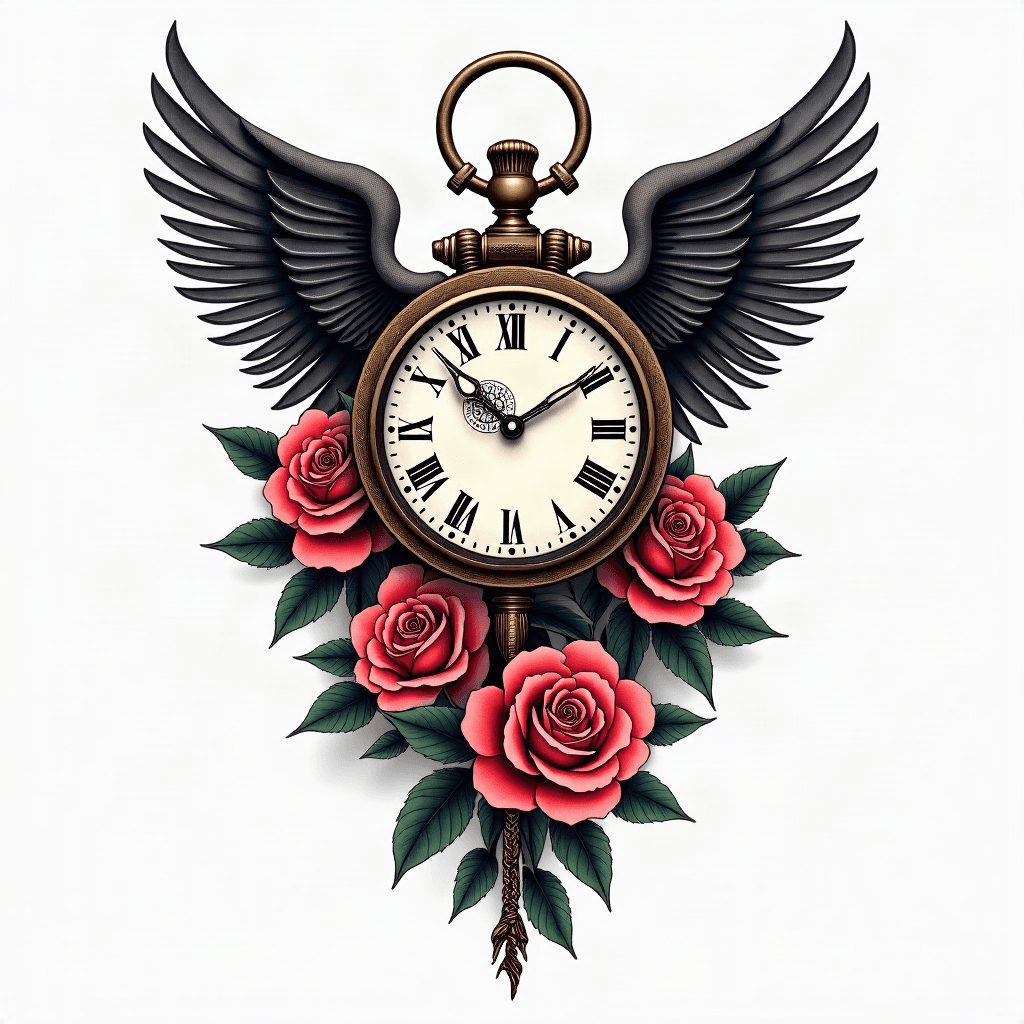 Half a sleeve tattoo grandfather clock intertwined...