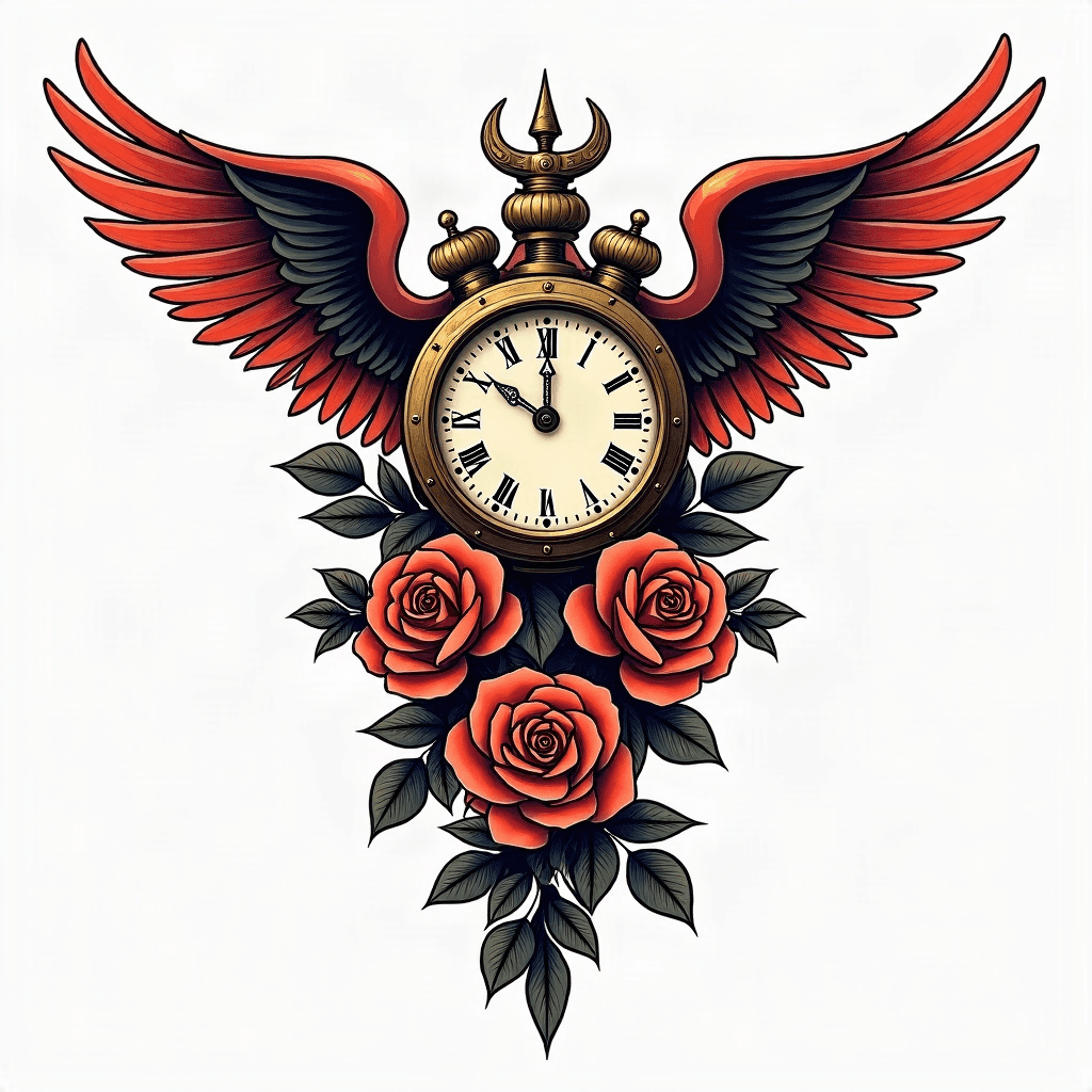 Half a sleeve tattoo grandfather clock intertwined...