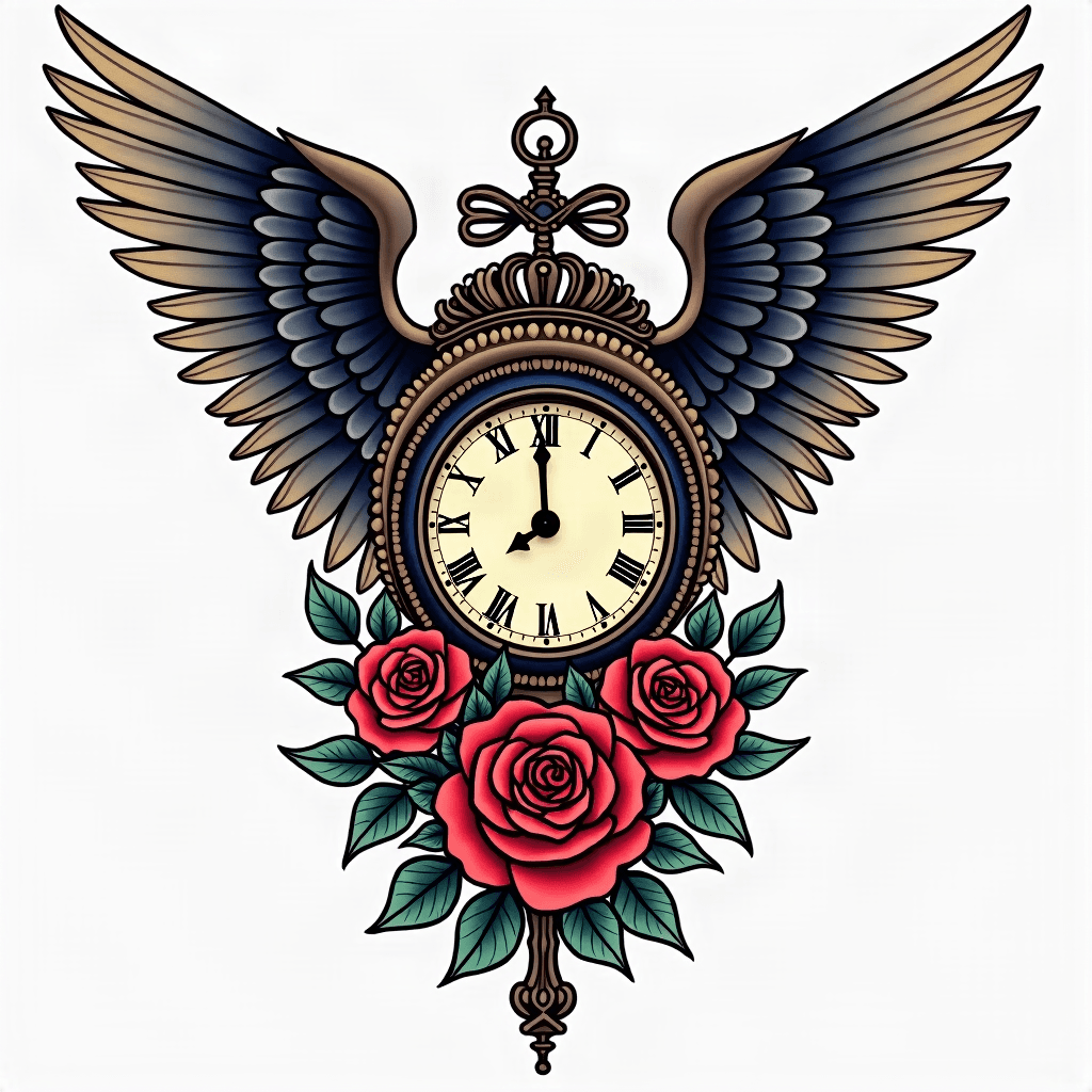 Half a sleeve tattoo grandfather clock intertwined...
