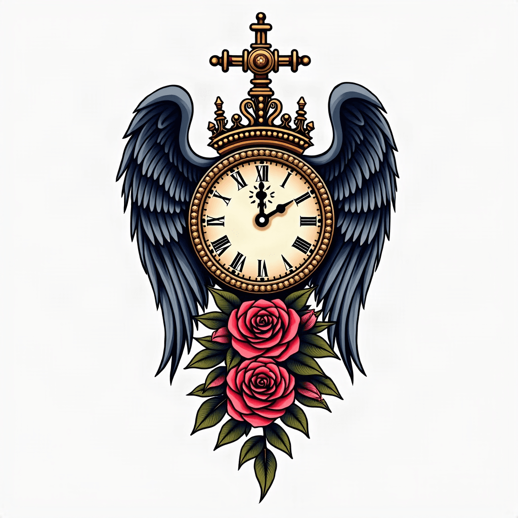 Half a sleeve tattoo grandfather clock intertwined...