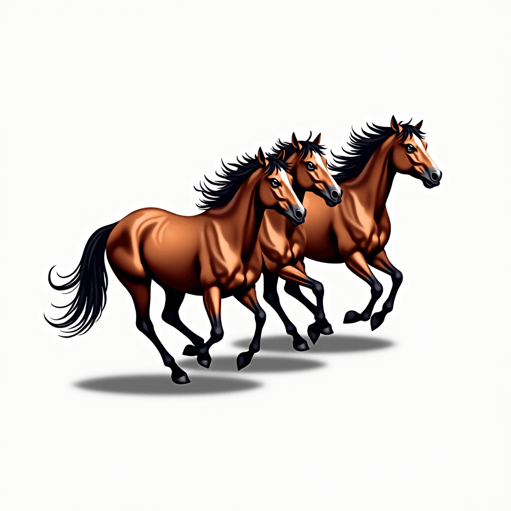 three horses running with shadowing below the hoof…