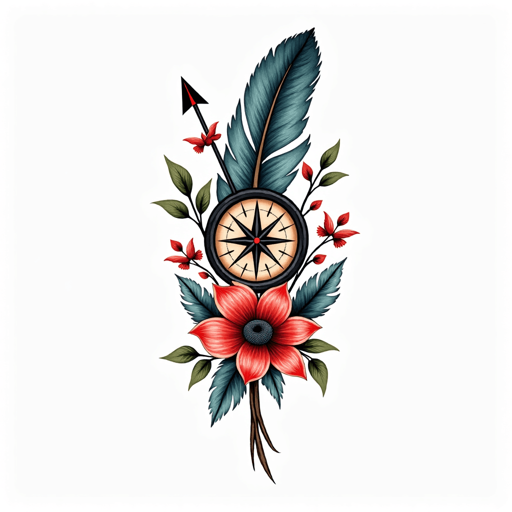 A little floral, compass with arrow, watercolour f...