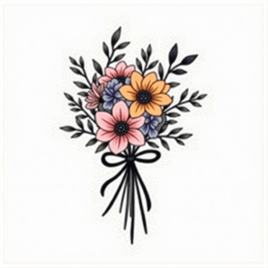 grey wash fine line flower bouquet with April, aug…