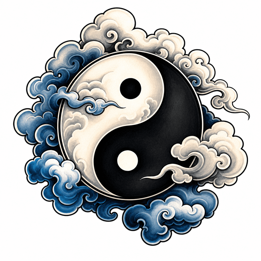 yin yang symbol with clouds in background