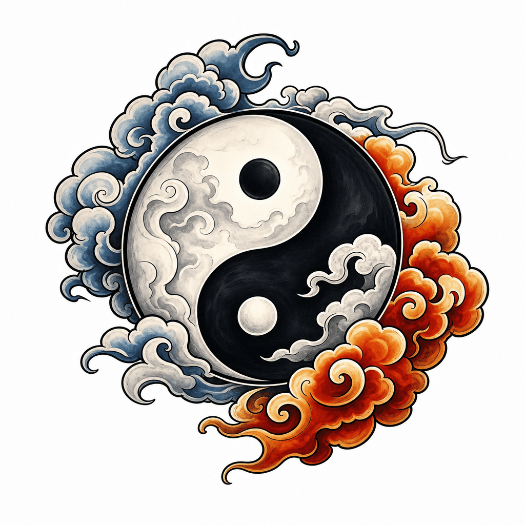 yin yang symbol with clouds in background