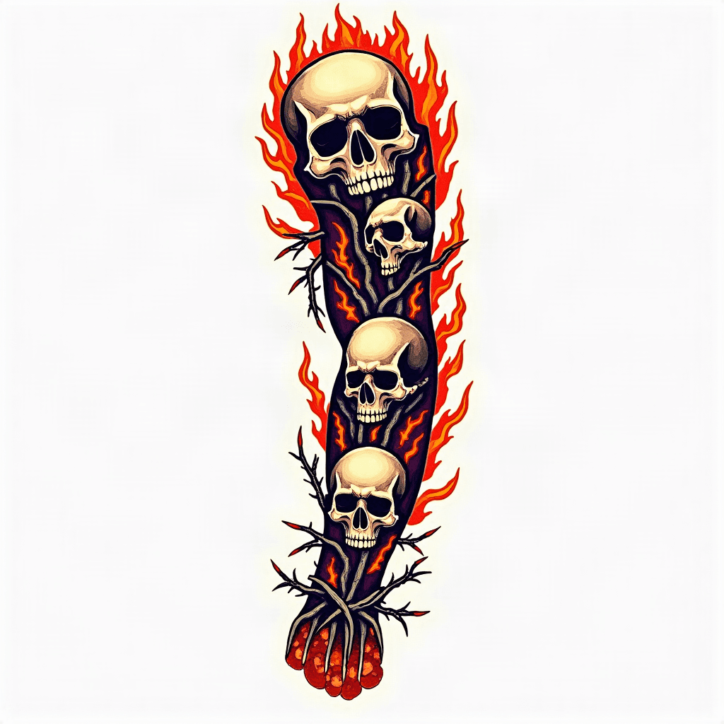 A sleeve tattoo with skulls, barb wire, flames, an...