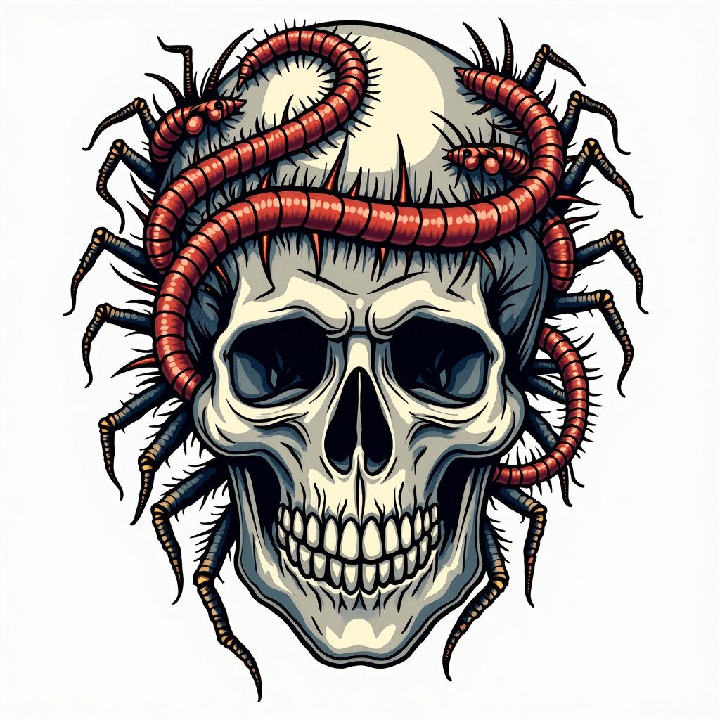 Centipede weaving through the eye sockets of skull...