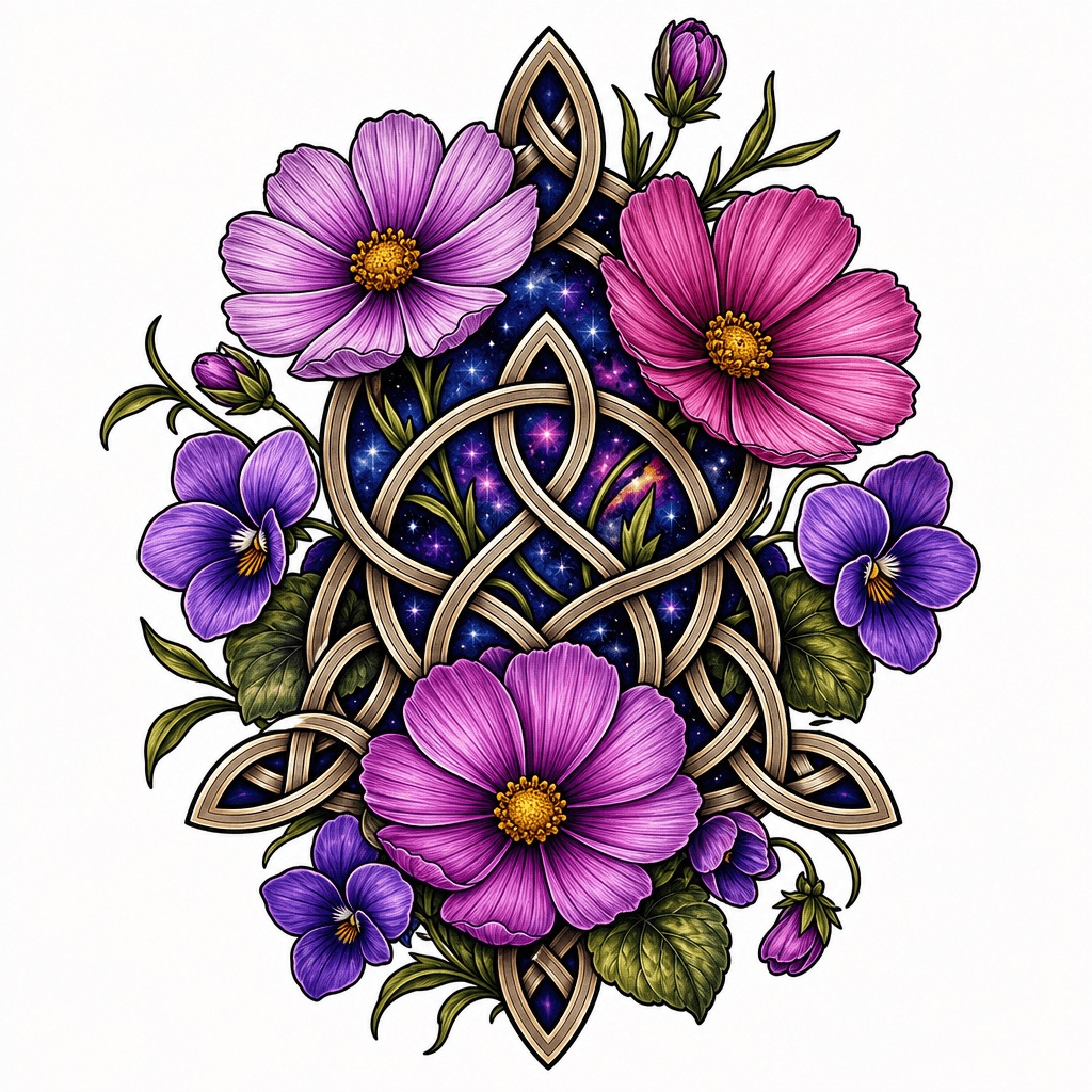 Cosmos and violets with a Celtic knot