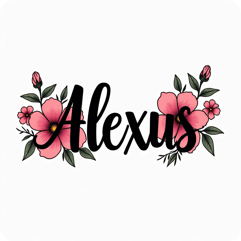 the name Alexus with flowers all around and dark