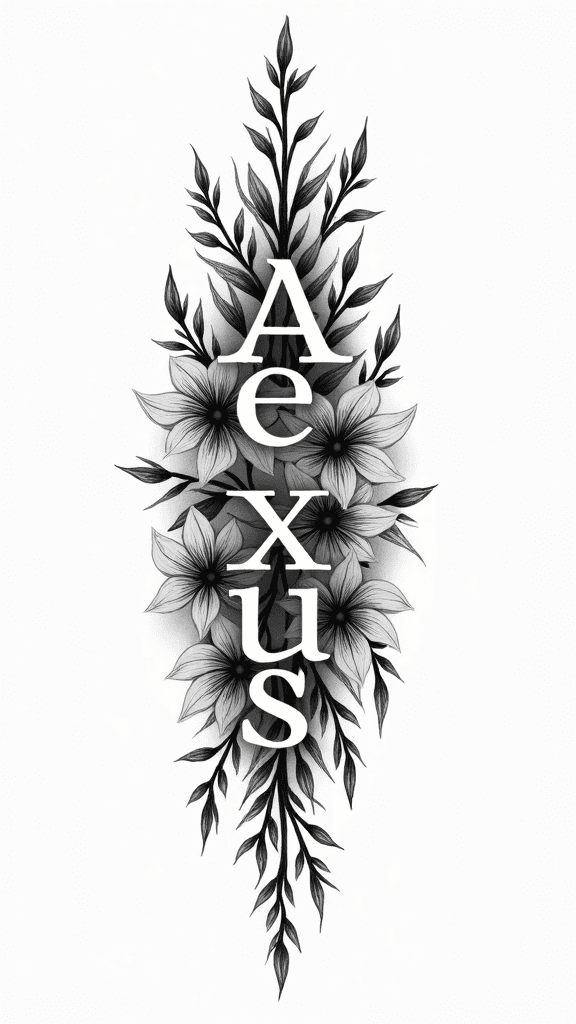 the name Alexus with flowers all around and dark