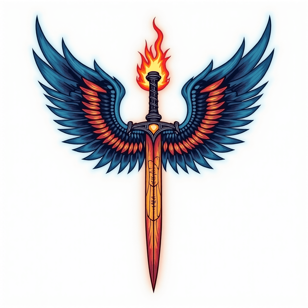 Angel with flaming sword and names on the wings wi...