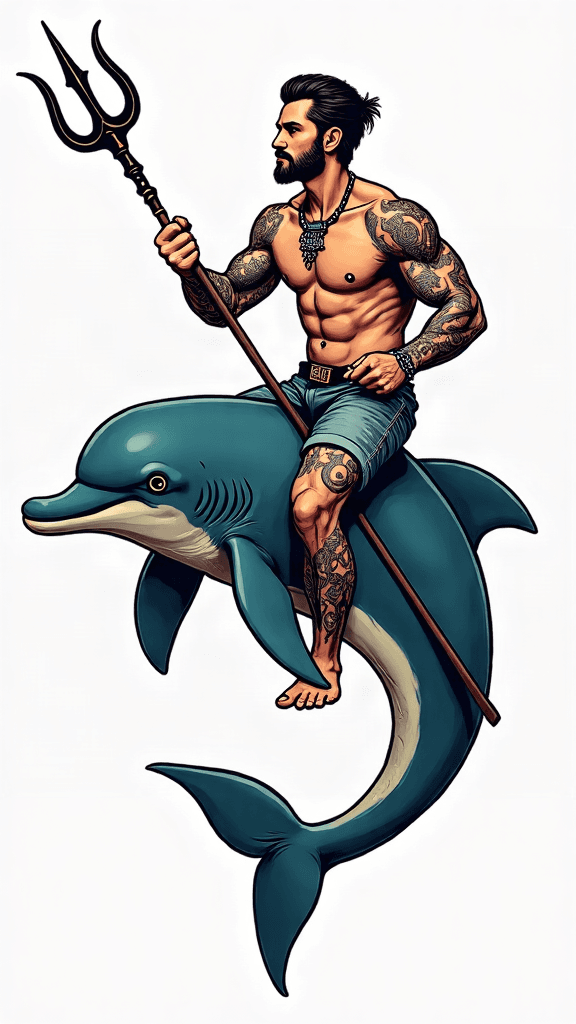Man riding a dolphin, witha a trident in his hand....