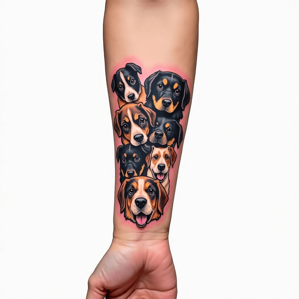 Fine line style on my inner forearm for with 6 dog...