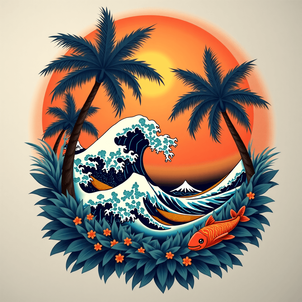 Strength, waves , coconut trees, fish