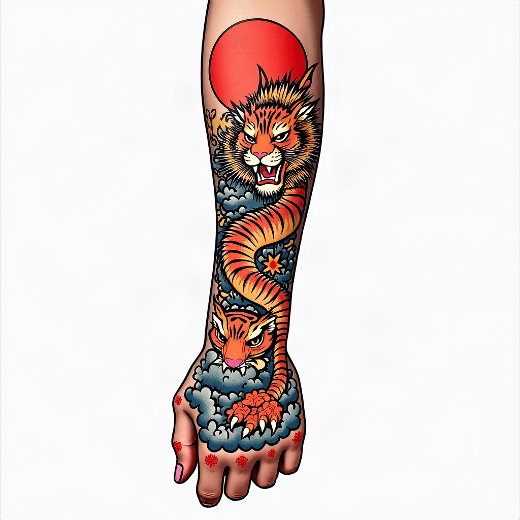 A traditional Japanese sleeve tattoo for right han…