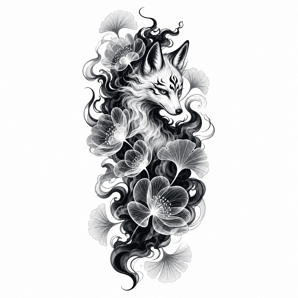 Black and white smoke Kitsuné with x-ray flowers a…